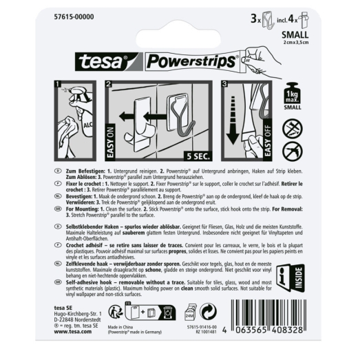 Metallhaken ablösbar Powerstrips® Small, 1kg, 3 Haken + 4 Strips, weiß