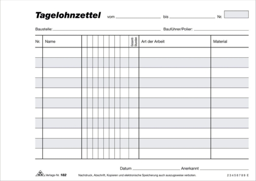 Tagelohnzettel - Block - SD, 3 x 40 Blatt, DIN A5 quer