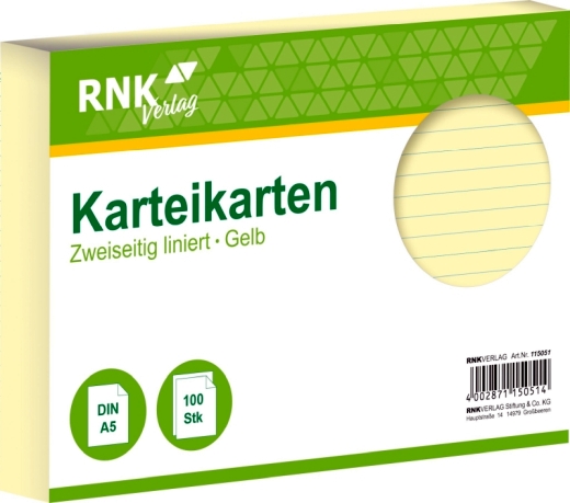 Karteikarten - DIN A5, liniert, gelb, 100 Karten