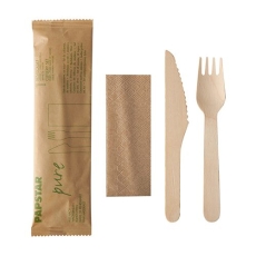 Besteckset Holz "pure" - 50 Sets, Messer, Gabel, Serviette in Papierbeutel