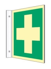 Fahnenschild Erste Hilfe, ISO 7010, Kunststoff langnachleuchtend, 20 x 20 cm