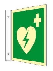 Fahnenschild Automatisierter ext. Defibrillator ISO 7010, Kunststoff langnachleuchtend, 20x20 cm