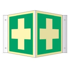 Winkelschild Erste Hilfe, ISO 7010, Kunststoff langnachleuchtend, 20 x 20 cm