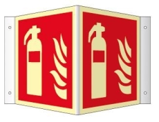 Winkelschild Feuerlöscher ISO 7010, Kunststoff langnachleuchtend, 20 x 20 cm