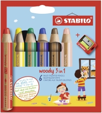 Multitalent-Stift woody 3 in 1 - 6er Pack mit Spitzer, sortiert