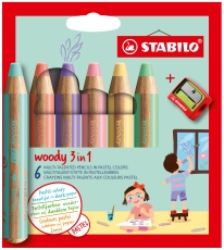 Multitalent-Stift woody 3 in 1 - 6er Pack Pastell mit Spitzer, sortiert